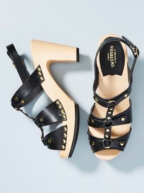 Swedish Hasbeens Black Leather Studded Clog Sandals